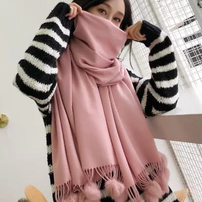 Solid Colour Soft Pom Pom Cashmere Shawl